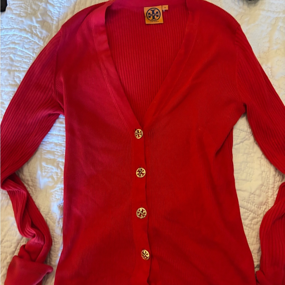 Tory Burch Bright Red V-Neck Cardigan with Tori logo buttons.